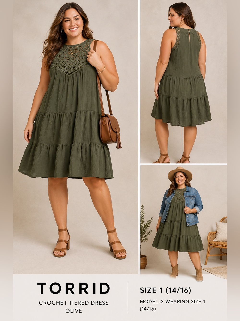 torrid Olive Crochet Tiered Dress NWT SIZE 1 (14/16)